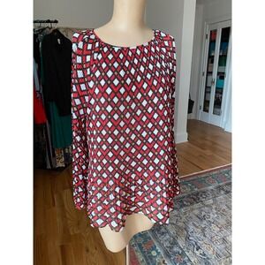 Chicos Pleated Geometric Print Blouse Womens Size 3 Red Black White Gold